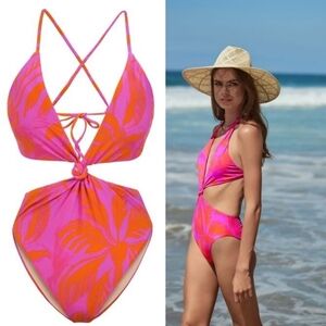 New PQ Swim Del Mar Palms Print Knot Cutout One-Piece Swimsuit NWT Large